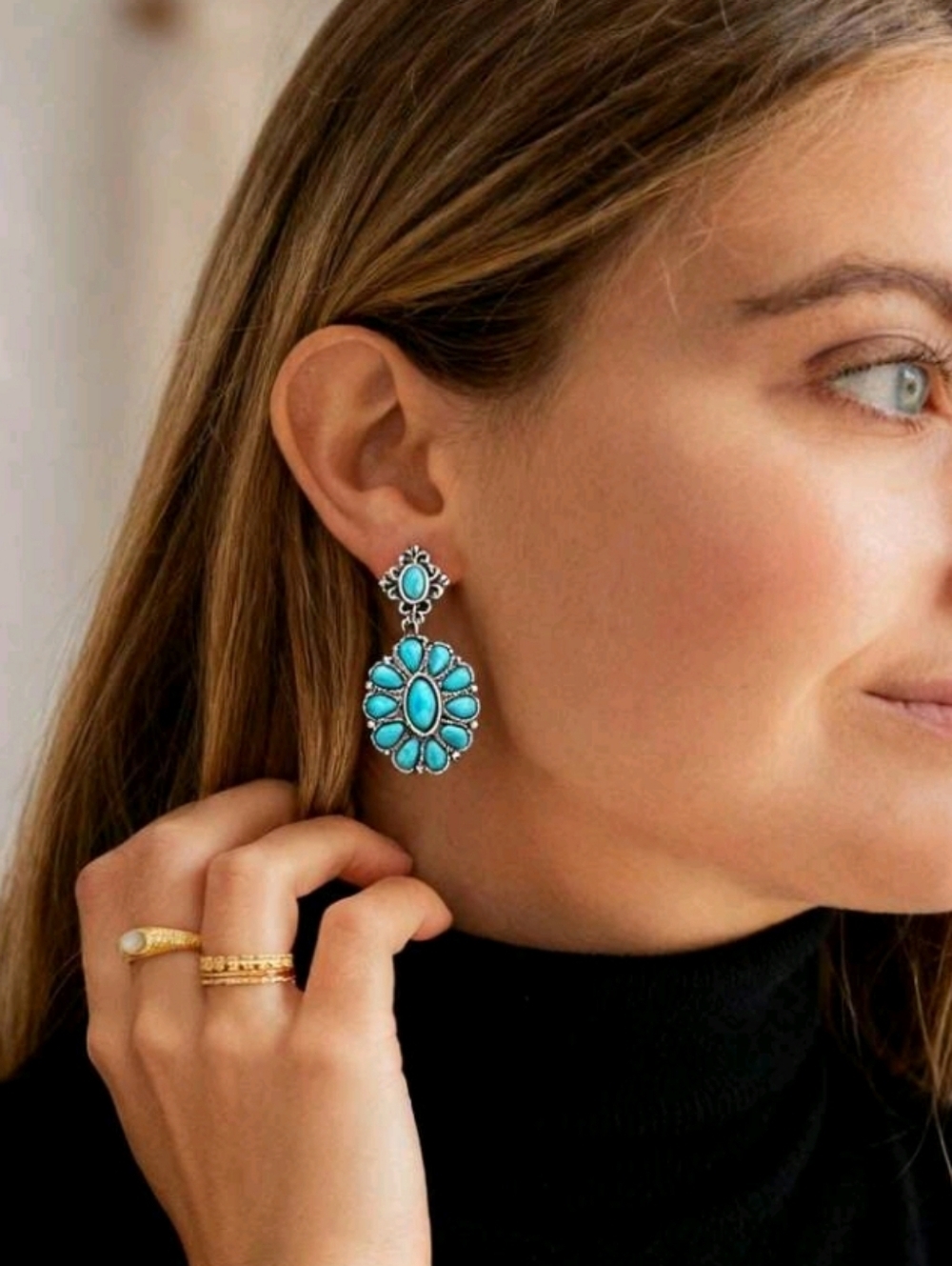 Turquoise Stones Boho Western Statement Drop Earrings
